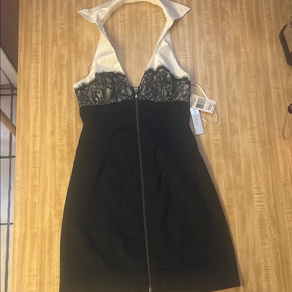 Guess Black  Satin and White Cotton Dress with Lace Detail with zip